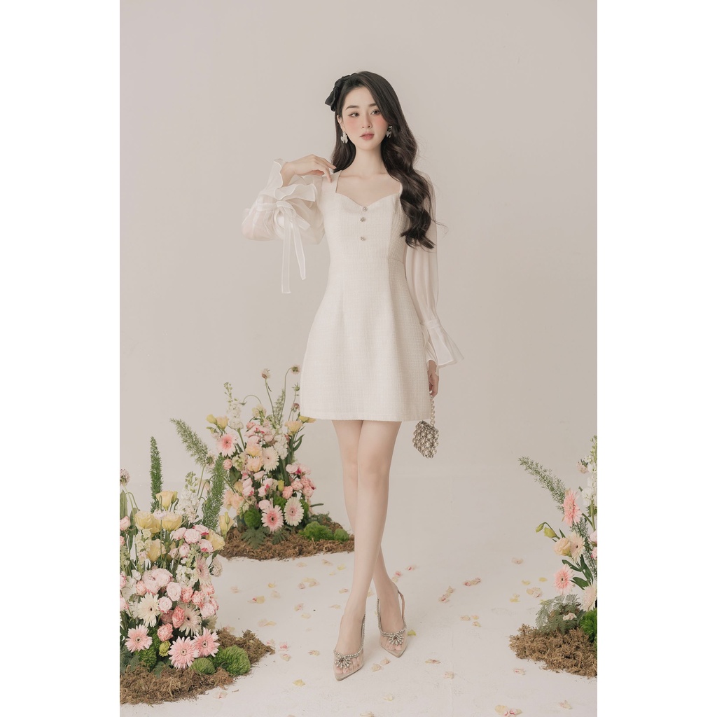 Đầm ngắn nữ Stella Dress Tweed tay dài phối tơ Organza nút đá cổ vuông sang trọng – Aimestudio