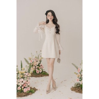 Đầm ngắn nữ Stella Dress Tweed tay dài phối tơ Organza nút đá cổ vuông sang trọng – Aimestudio