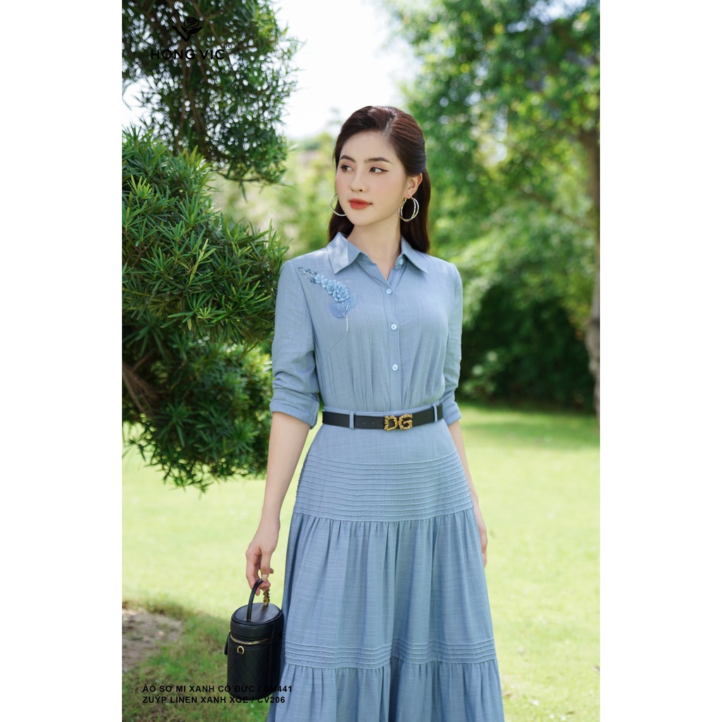 Áo sơ mi nữ thiết kế Hong Vic xanh cổ đức SM441