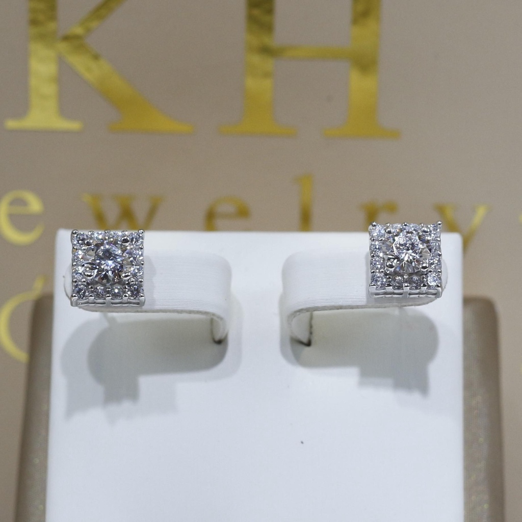 Khuyên Tai Xi Kim Vuông Viền Tấm Đá Moissanite KHJEM07 - Chốt Vặn