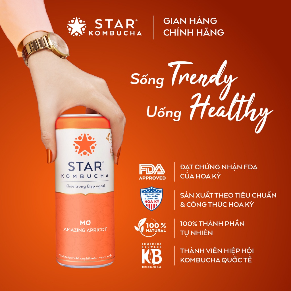 Thùng 12 lon trà STAR KOMBUCHA Mơ / Amazing Apricot (250ml/lon) - Trà kombucha lên men vi sinh chứa probiotics