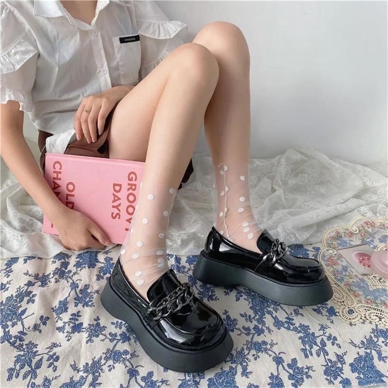 Giày Lolita nữ đen da bóng phối chuỗi xích tôn dáng đế dày cao 3-5cm phong cách Anh Quốc - Génial Shoes