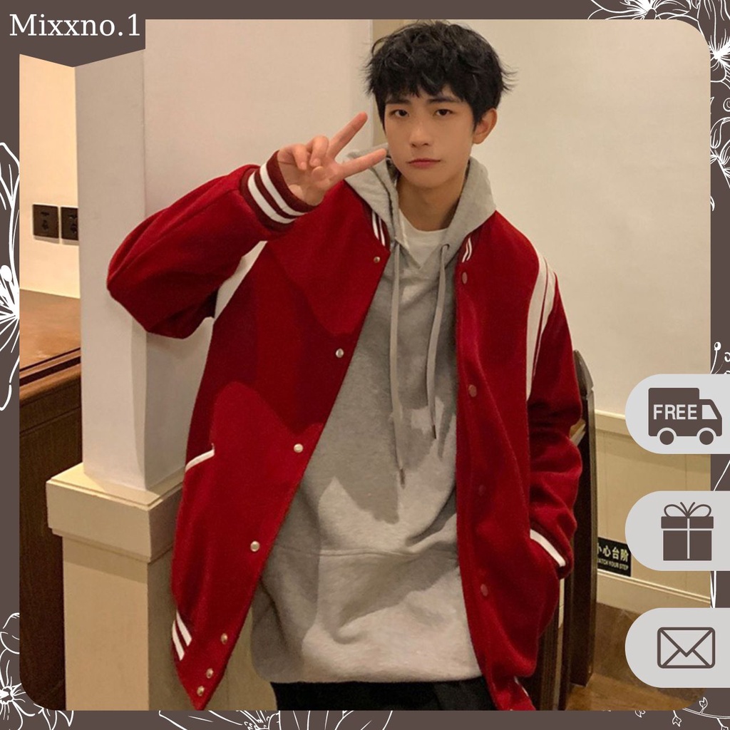 Áo Khoác Bomber Teddy Nam Nữ Dài Tay Phối Viền Sọc Cầu Vai Form Rộng Thời Trang Mixxno1 AO KHOAC NAM 046V6