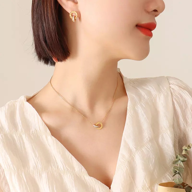 Besfome Set Vòng cổ Và Bông Tai Hai Vòng Tròn Khắc Số La Mã Đính Đá Zircon Thời Trang