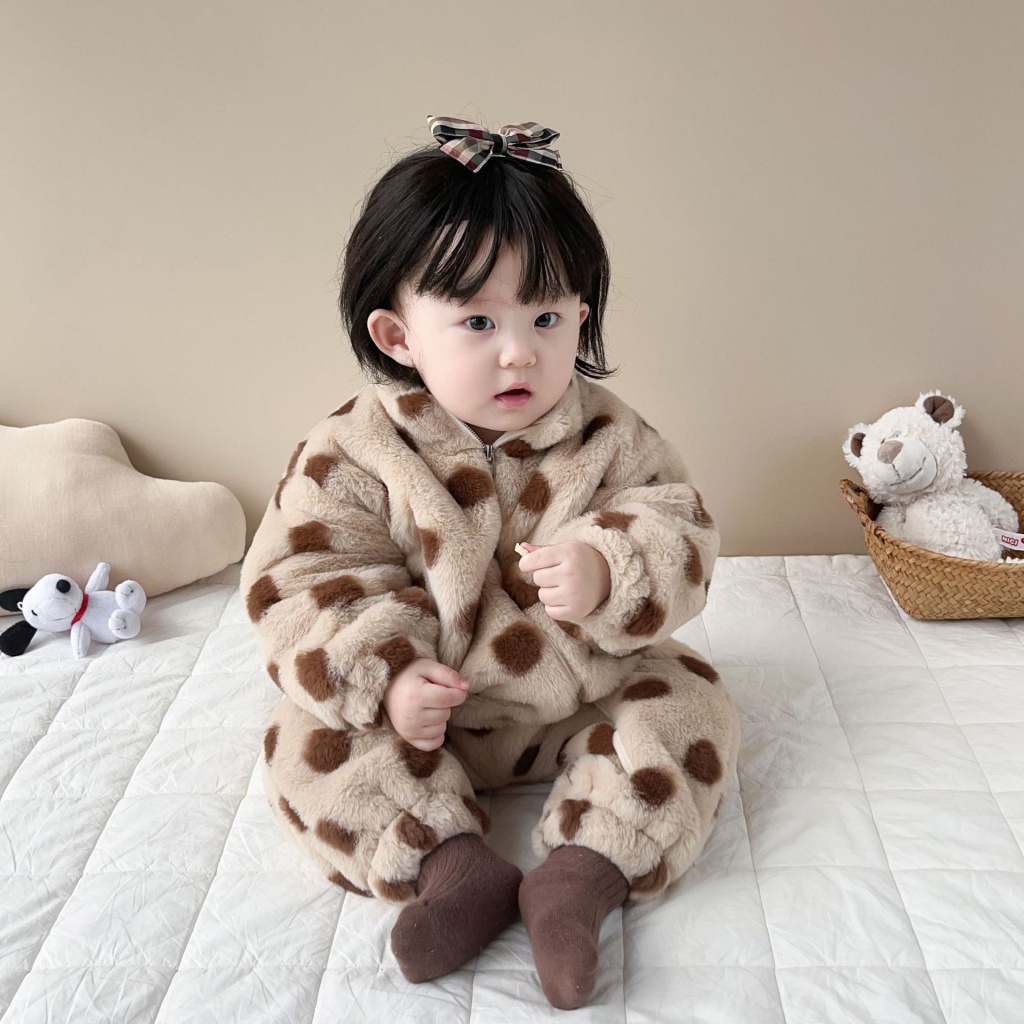 Bộ Áo Liền Quần Bằng Vải Bông Dày Hai Lớp Giữ Ấm Mùa Đông In Họa Tiết Chấm Bi Phong Cách Phương Tây Cho Bé Trai Và