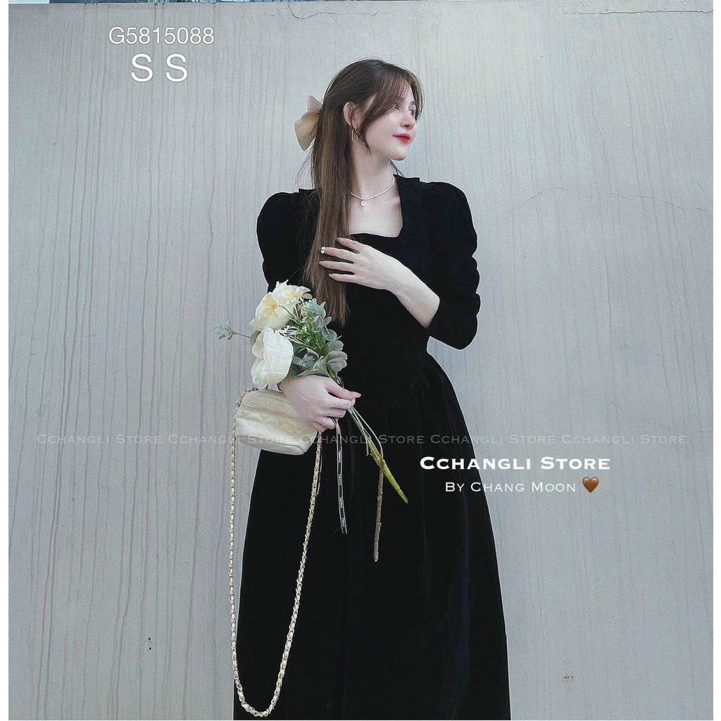 [12.12 Sales Freeship] Đầm nữ tiểu thư vintage dáng dài, đầm nhung cổ vuông tay dài ôm eo dáng xòe đi cưới sang chảnh