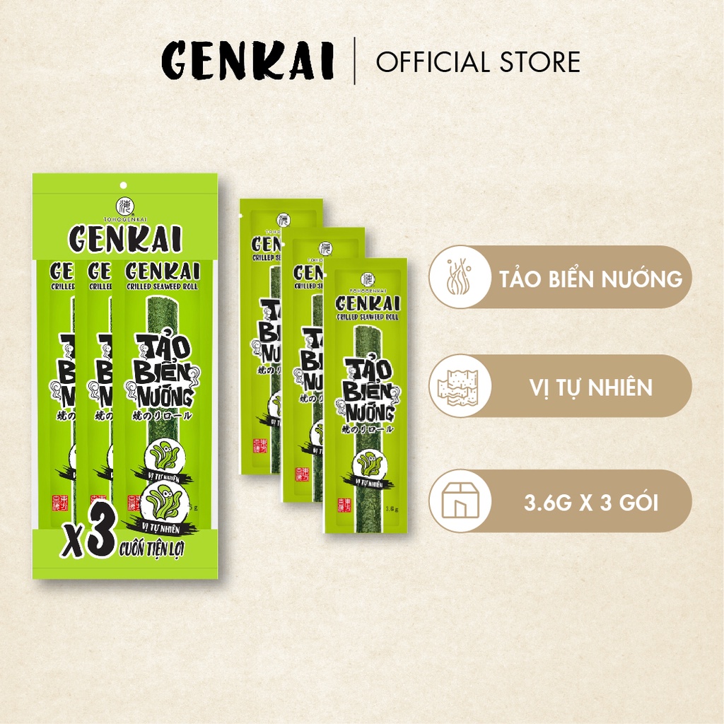 Snack Tảo Biển Nướng Cuộn GENKAI Vị Tự nhiên 10.8g 
(3.6g x 3 gói)