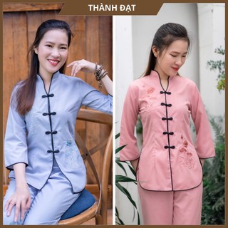 đồ lam nữ, đồ đi chùa, pháp phục lễ chùa, cổ tàu thêu sen viền đen chất vải kate đẹp, mặc thoải mái thoáng mát