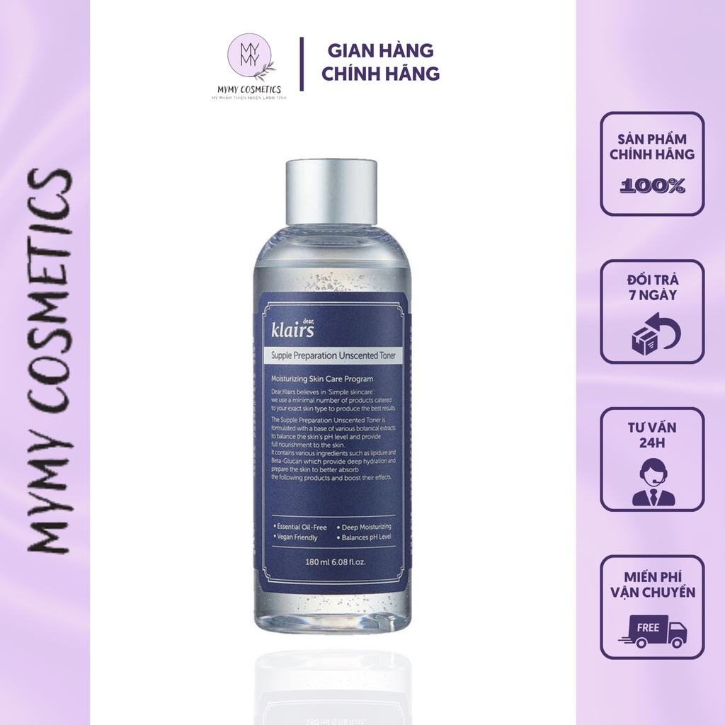 Nước Hoa Hồng Không Mùi Dear Klairs Supple Preparation Unscented Toner Thành Phần Thiên Nhiên An Toàn Cho Da 180ml