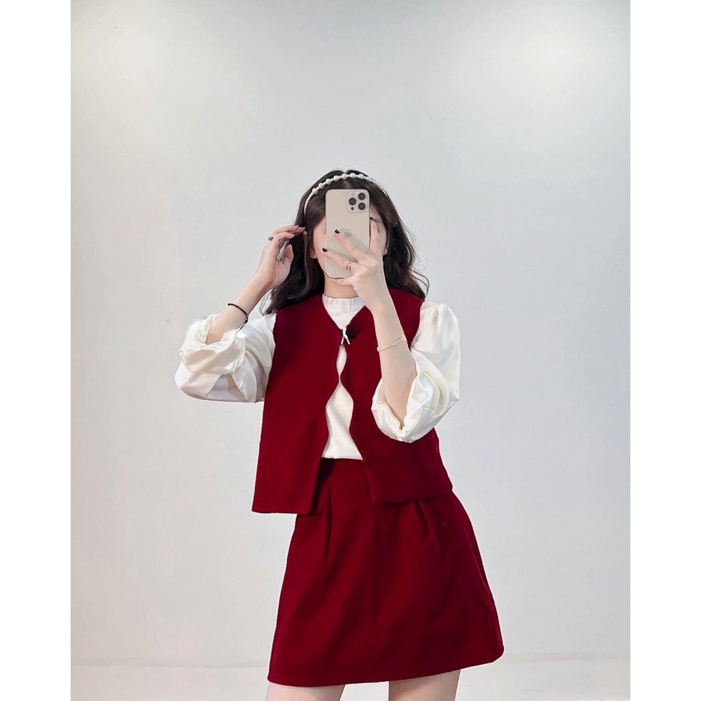 Set 3 Món Sơ Mi Kèm Gile Phối Chân Váy Siêu Xinh S8549 Bộ Đồ Nữ Sơ Mi Tay Phồng Mix Chân Váy Ngắn Gile Cách Điệu Vintage