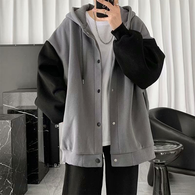 Áo Khoác Hoodie Dáng Rộng Phối Màu Tương Phản Phong Cách Hàn Quốc Cho Nam Giới