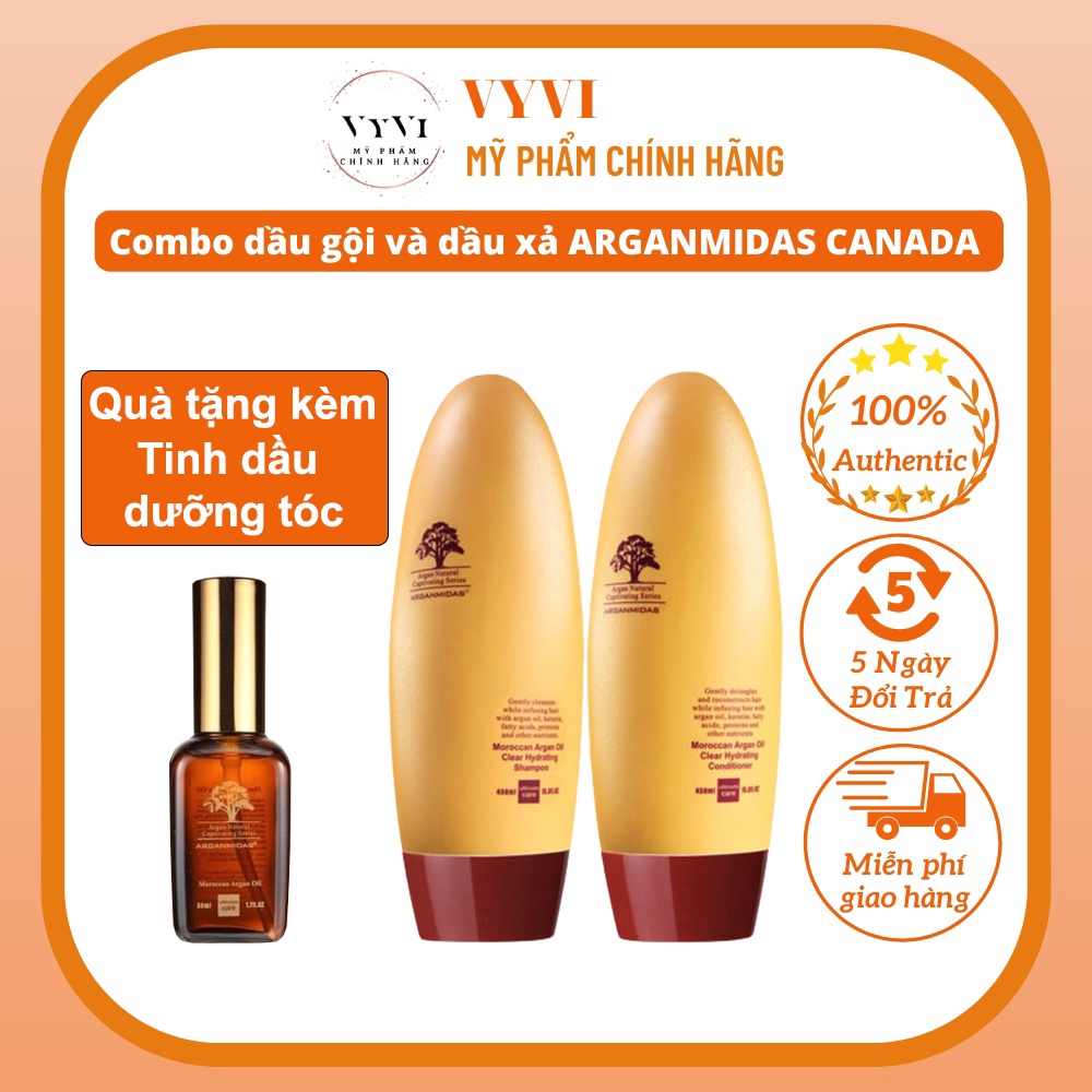 Combo dầu gội và dầu xả tinh dầu Argan - ARGANMIDAS CANADA siêu mượt chai 450ml tặng kèm tinh dầu dưỡng tóc