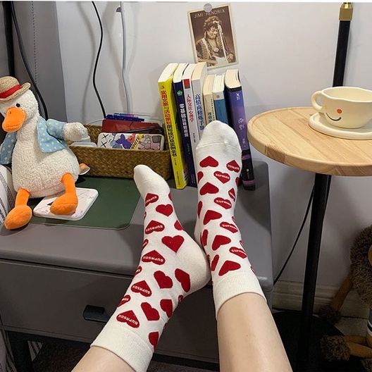 Tất vớ nữ cổ cao siêu co giãn phong cách Hàn quốc, Tất giữ ấm chân họa tiết tim màu sắc đỏ hồng dễ thương cho bạn gái