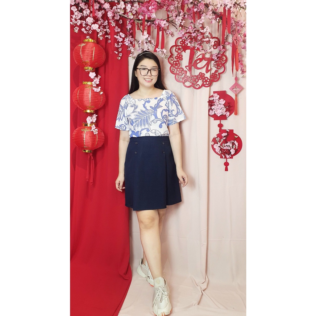 Bigsize công sở - Áo Cổ Vuông - Xanh Hoa