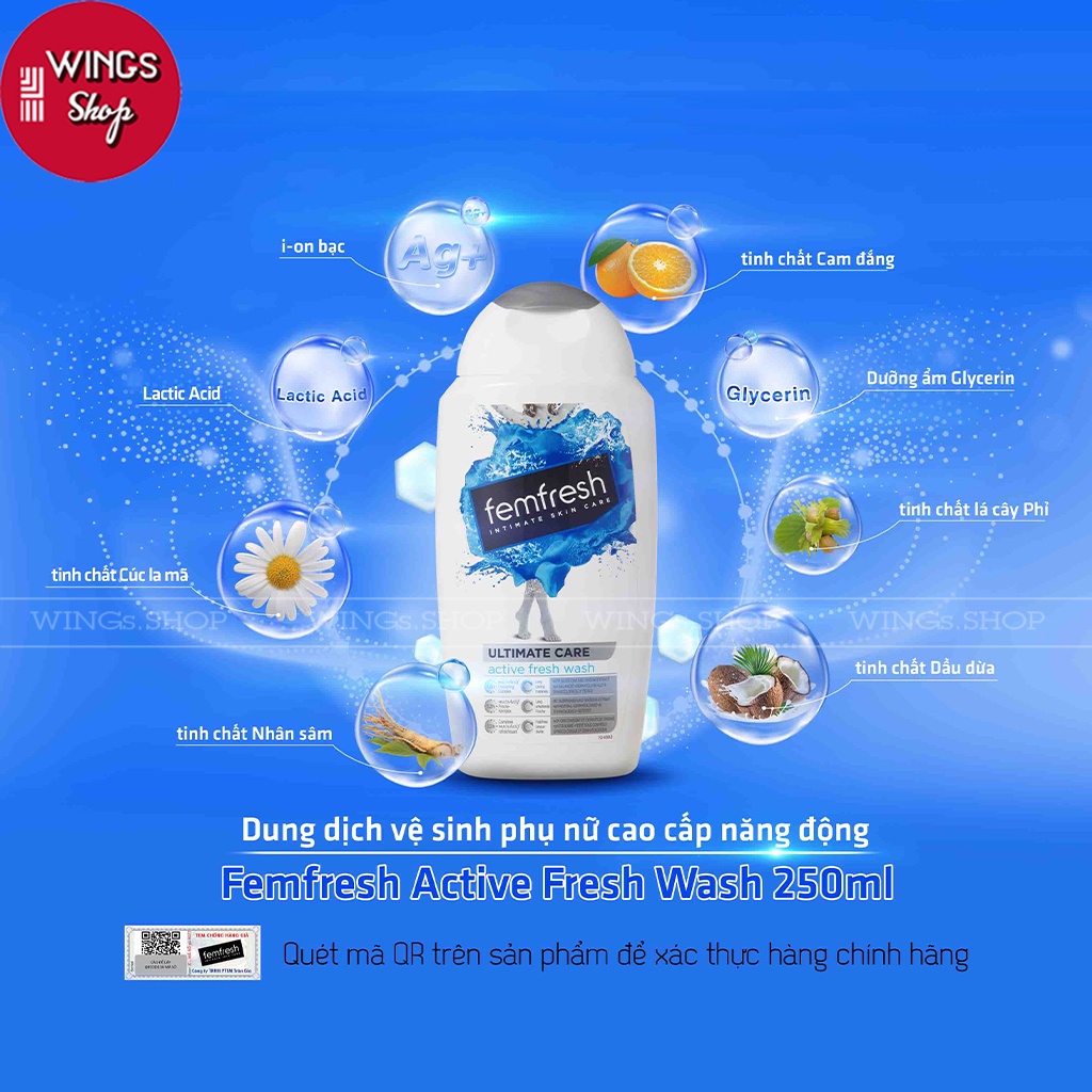 Dung dịch vệ sinh phụ nữ hàng ngày, thơm mát Femfresh Daily Intimate Wash 250ml, Wings Shop