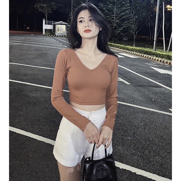 Áo croptop nữ tay dài HHVINTAGE kiểu cổ tim thun co giãn Top A41