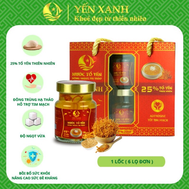 (25% tổ yến) Nước tổ yến sào cao cấp chưng đông trùng hạ thảo - YẾN XANH - Lốc 6 lọ x 70ml