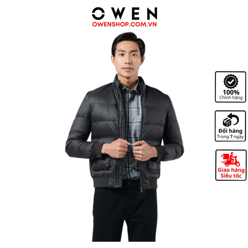Áo khoác nam cao cấp Owen JK220711 Jacket phao 2 lớp màu đen trơn dáng suông cổ đứng bo tay và gấu vải polyester