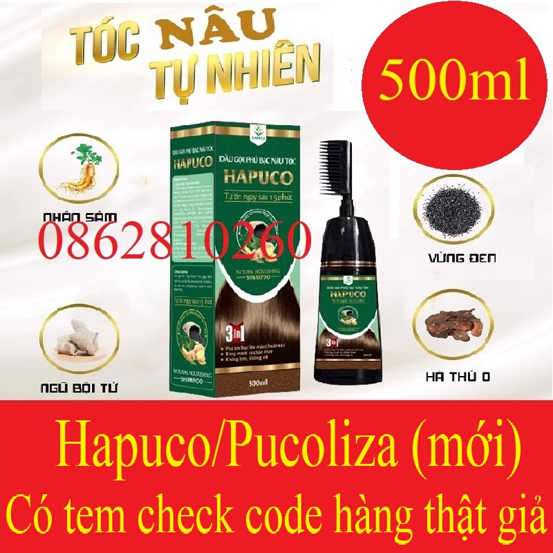 Dầu gội phủ bạc Hapuco Pucoliza 500ml - Dầu gội nhuộm 3 màu: Nâu hạt dẻ, Nâu đen & Đen