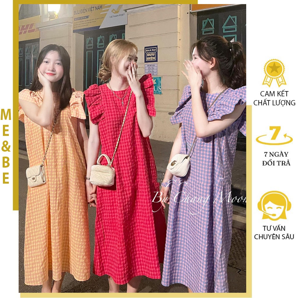 VÁY BẦU KẺ CARO CÁNH TIÊN DÁNG BASIC THỜI TRANG HÀN QUỐC - ĐẦM BẦU CÔN SỞ ĐẸP - VÁY ĐI BIỂN
