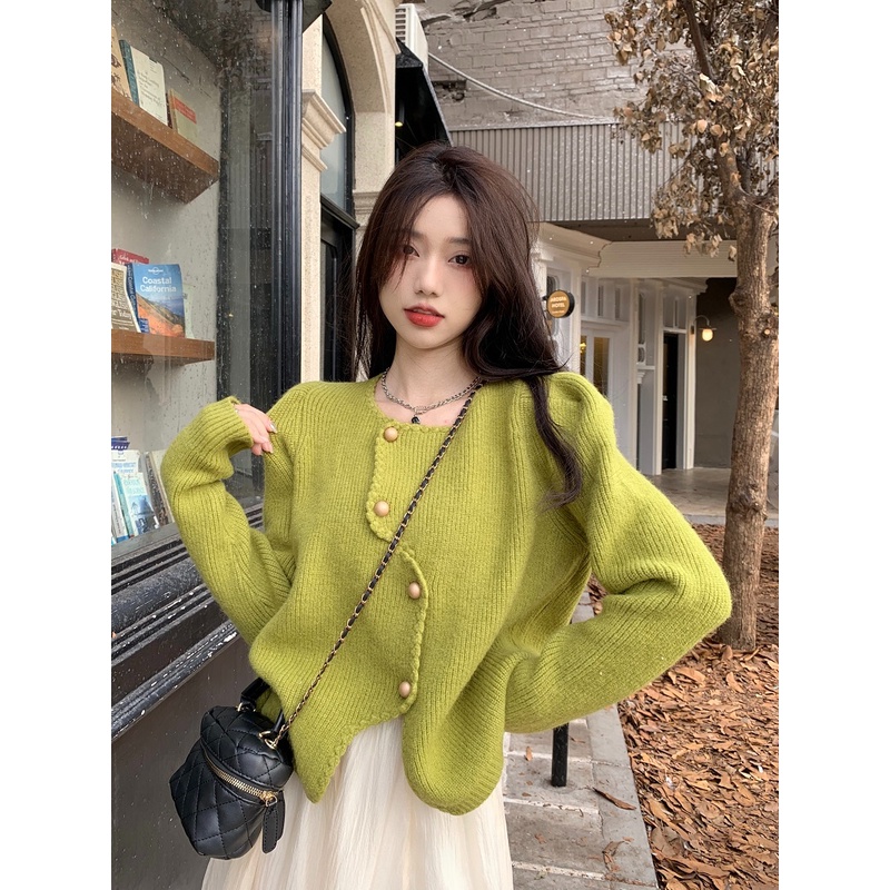 ZHELIHANGFEI Áo Khoác Cardigan Dệt Kim Tay Dài Lưng Cao Thiết Kế Lệch Tà Cá Tính