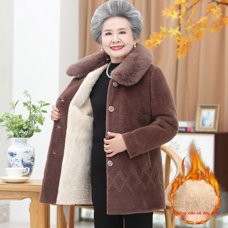 Áo khoác lông cừu dày mùa đông của người già quần áo mùa đông của bà