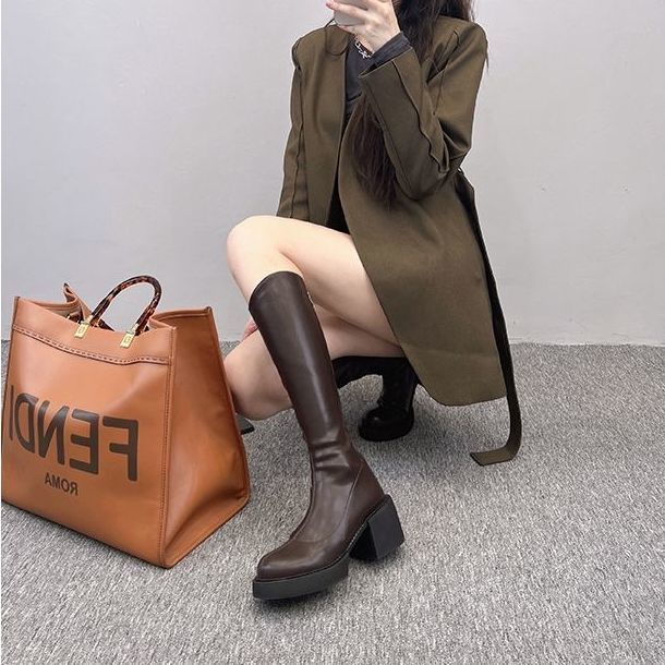 Giày Boot Cao Gót Cổ Cao Qua Đầu Gối Khóa Kéo Sau Lưng