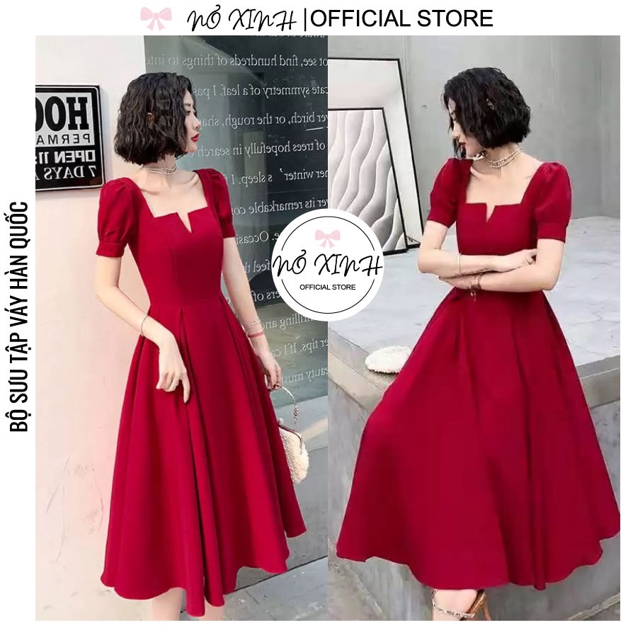 Đầm Tết đầm dự tiệc maxi dáng xoè tay phồng màu đỏ có size M-L-XL-XXL (ảnh+video thật)