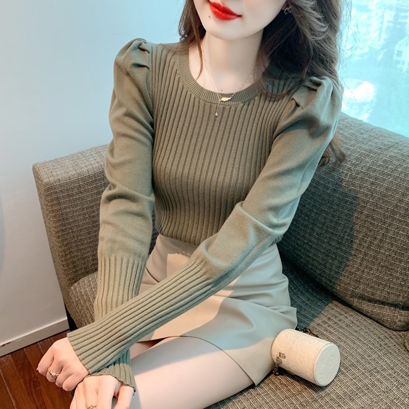 Áo Sweater Dệt Kim Tay Phồng Màu Sắc Xinh Xắn Cho Nữ