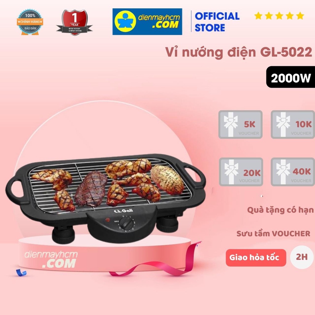 Vỉ nướng điện mạ crom GALI GL-5022 2000W HÀNG NHẬP CHÍNH HÃNG thân sơn tĩnh điện BẢO HÀNH 12T