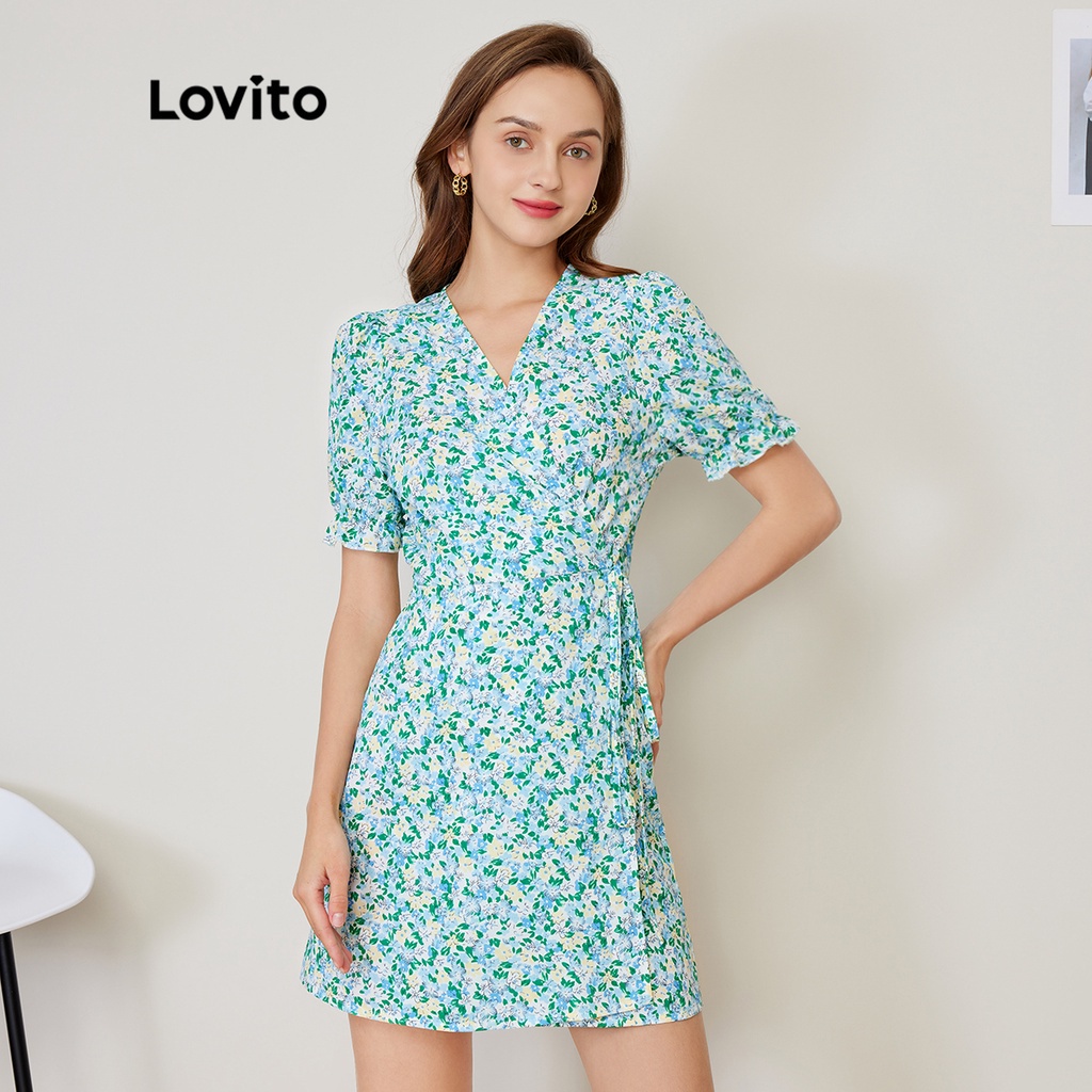 Đầm Lovito tôn dáng tay phồng in hoa phong cách thường ngày L27AD065 (màu xanh lam)