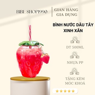Bình đựng nước nhựa hình quả dâu tây xinh xắn tặng kèm ống hút và móc khóa (BDT03)