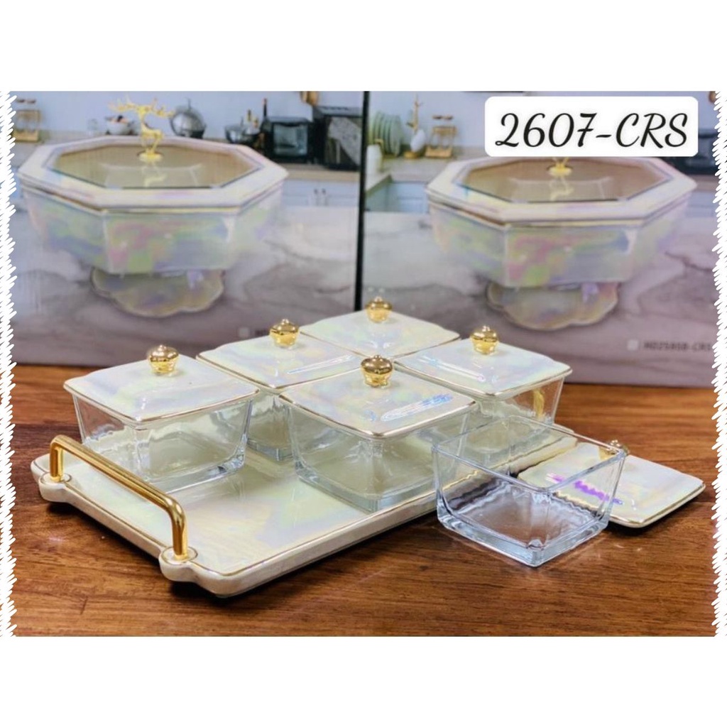 Khay mứt 6 ô sứ trắng ánh trai đựng bánh mứt, kẹo ngày Tết cao cấp, món quà tặng cao cấp