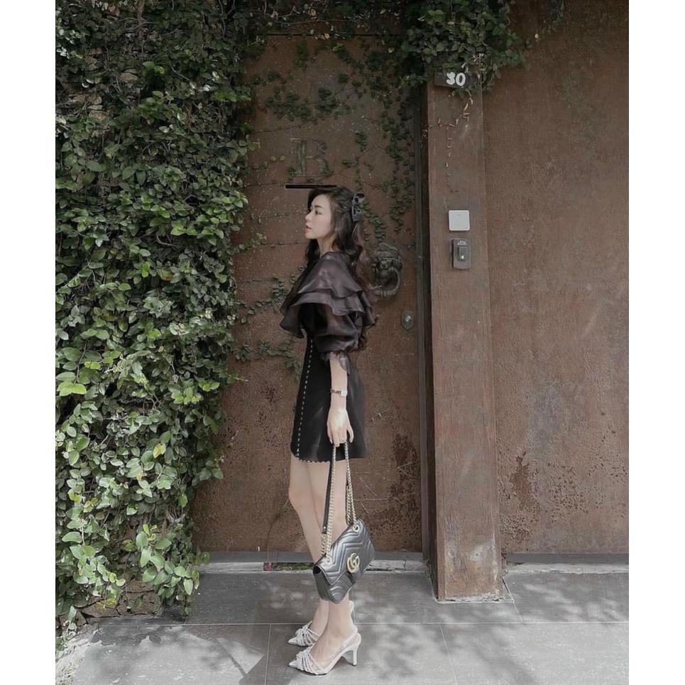 SET Áo voan tơ cổ bèo tầng tay phồng kèm Chân váy lót ren trắng/đen NÀNG CLOSET