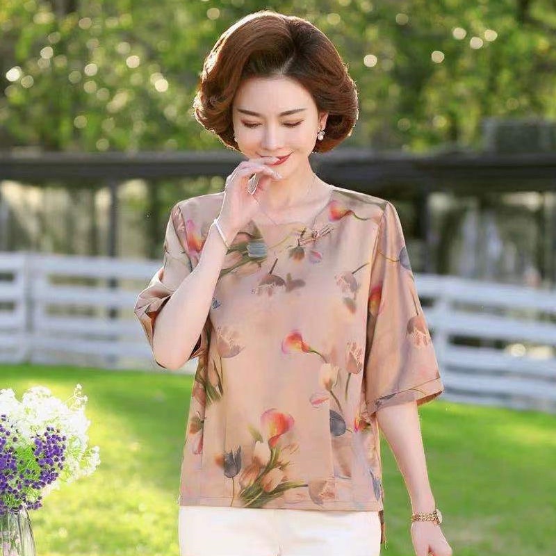 Áo lụa trung niên cho mẹ thiết kế tay lỡ sang trọng