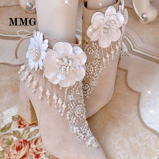 Giày bốt cao gót mũi nhọn đính đá phối lông cừu thời trang thu đông cho nữ