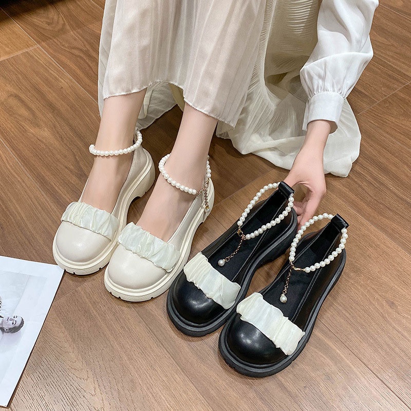 Giày Cao Cấp Phong Cách Mới Mary Jane Anh Quốc Đính Hạt Cườm Miệng Nông Đa Năng Cho Nữ