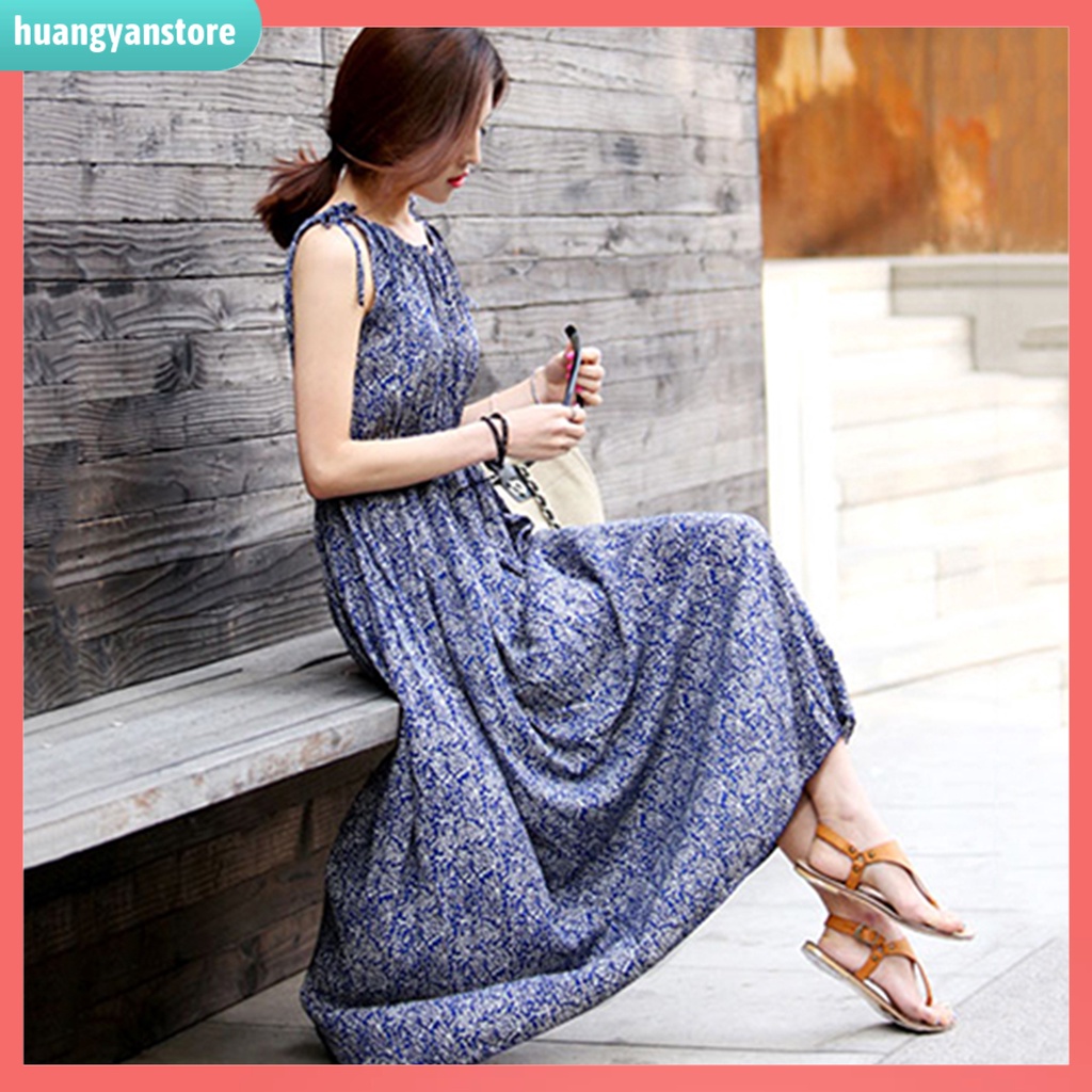 HY/ Váy maxi không tay in hoa phong cách Boho thời trang cho nữ