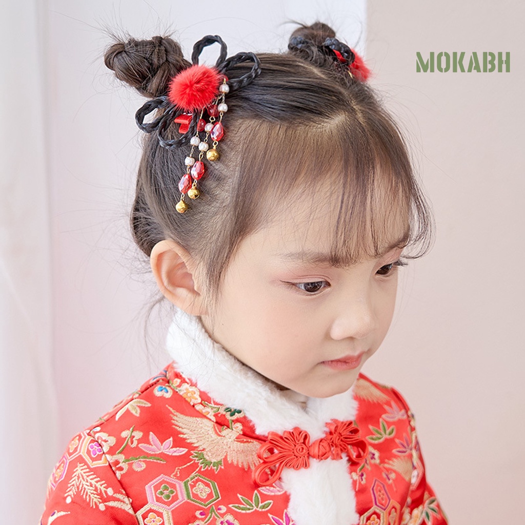 1 Cặp Kẹp Tóc Giả Đính Nơ Tua Rua Phong Cách Trung Hoa Ngọt Ngào Mừng Năm Mới Cho Bé
