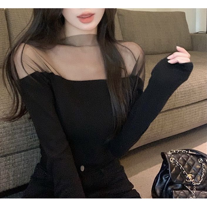 Áo Thun Tay Dài Phối Lưới Thiết Kế Mới Thời Trang Mùa Thu Cho Phái Nữ