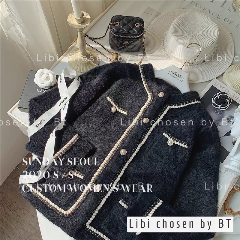 Áo dạ nữ 4 túi dây viền dệt kim tuyến bện dáng dài 2 màu đen trắng cho nàng diện phố mùa đông9