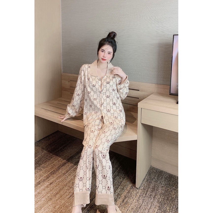 sét đồ bộ mặc nhà nữ tay dài thiết kế cao cấp, đồ ngủ pijama nữ chất liệu lụa mango latin cao cấp mềm mịn mát free ship