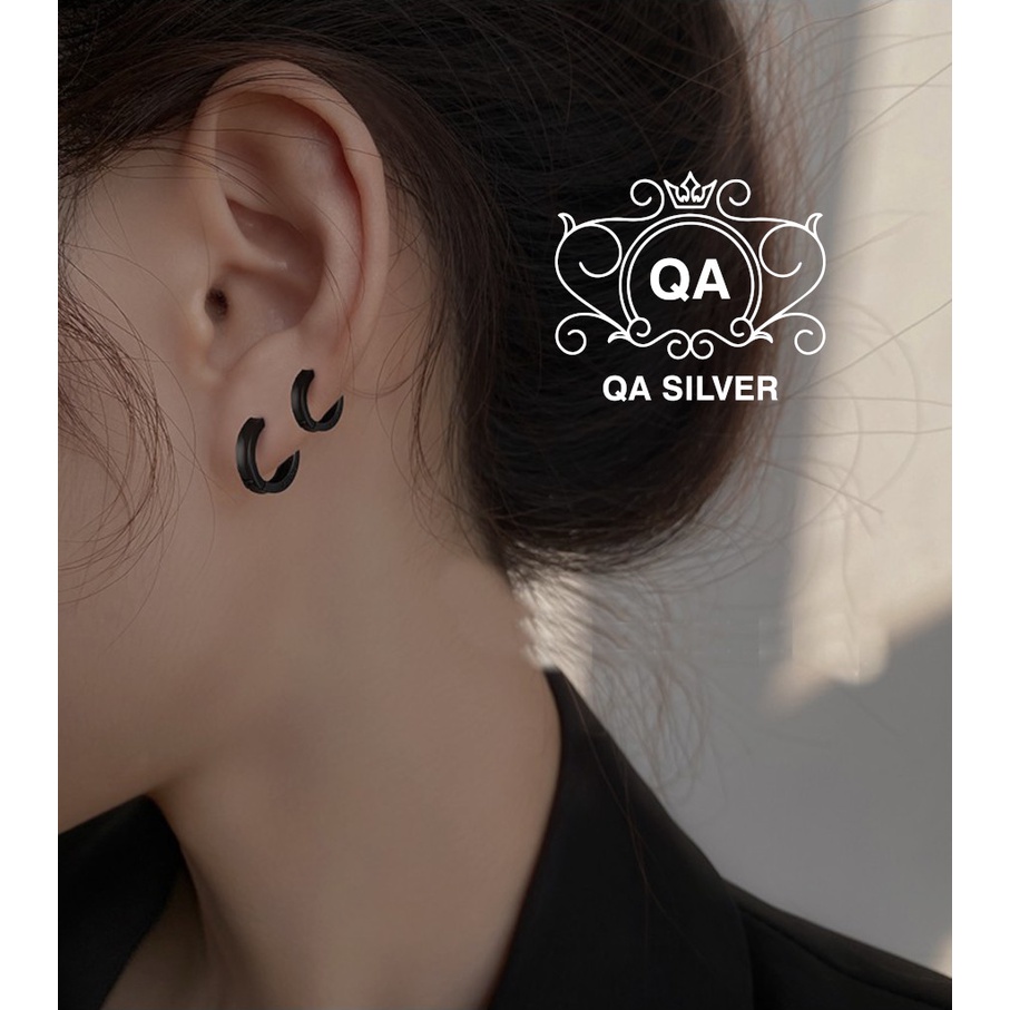 Khuyên tai bạc 925 tròn lõm đen nam nữ bông dày trơn S925 HOOP QA SILVER Earrings EA221204