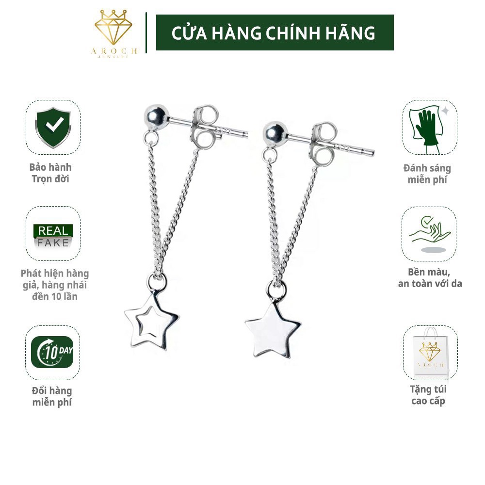 Khuyên tai bạc Ý s925 gắn sao năm cánh thả dài E3167 - AROCH Jewelry
