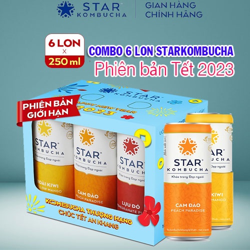 Combo 6 lon trà STAR KOMBUCHA mix vị - Trà lên men vi sinh chứa probiotics bảo vệ sức khoẻ