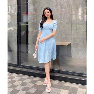 Đầm xanh dự tiệc sang trọng cổ vuông dáng dài xòe tay ngắn thanh lịch thiết kế cao cấp đẹp Lux W Xanh gân dài