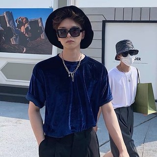 Áo thun nhung nam nữ form rộng unisex nam nữ - Xanh Dương