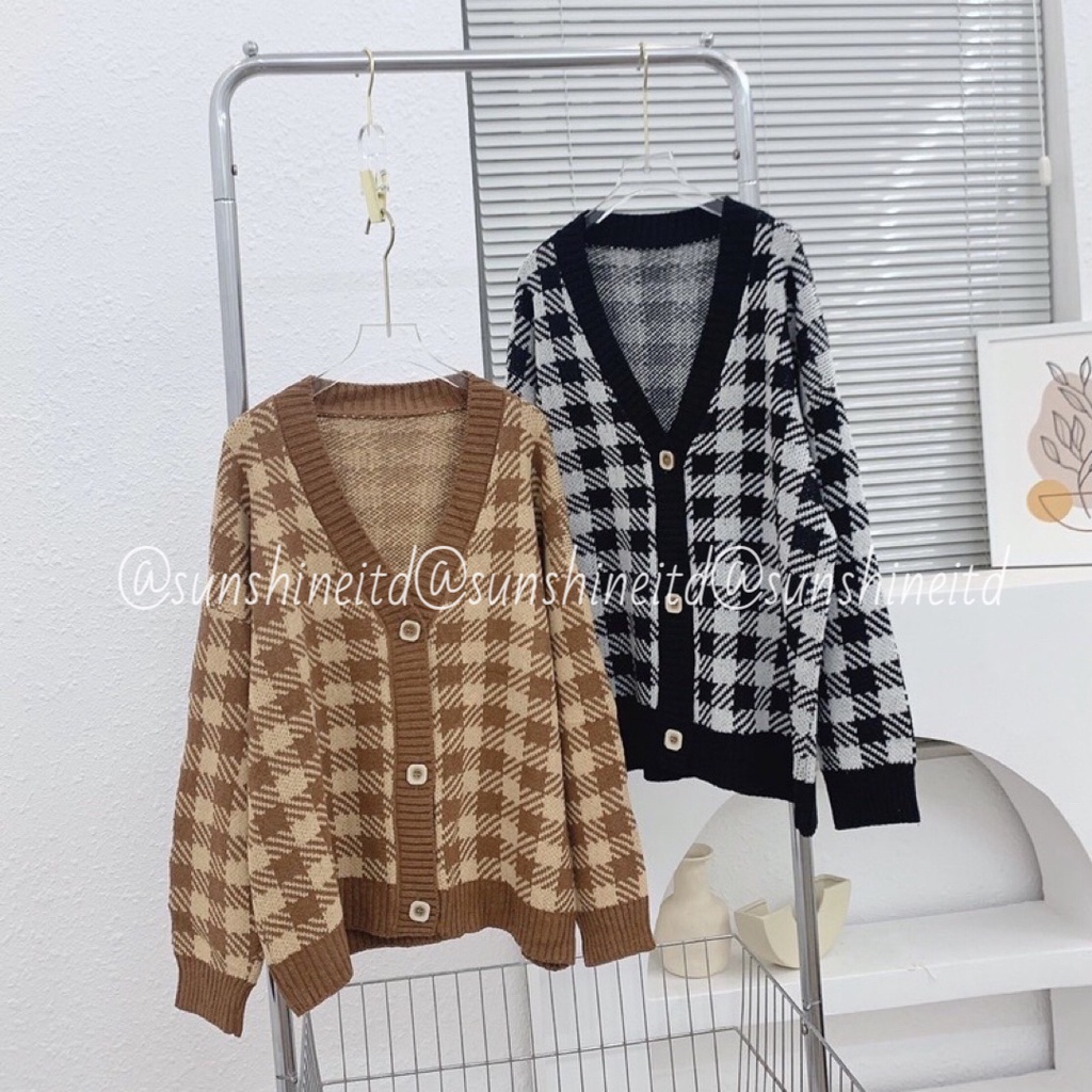 ( Loại 1 + Ảnh Thật ) Áo Cardigan Khoác Len Ô Kẻ Caro Màu Nâu Đen Chất Len Dày Dặn