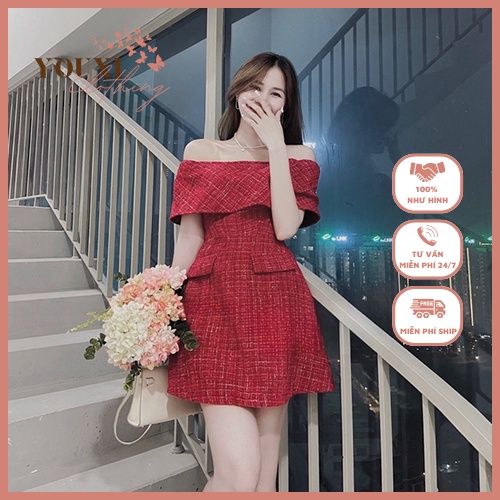 Đầm nữ trễ vai màu đỏ phù hợp đi tiệc chơi Tết, đầm ngang vai co giãn hai lớp chất dạ tweet - Youxiclothing