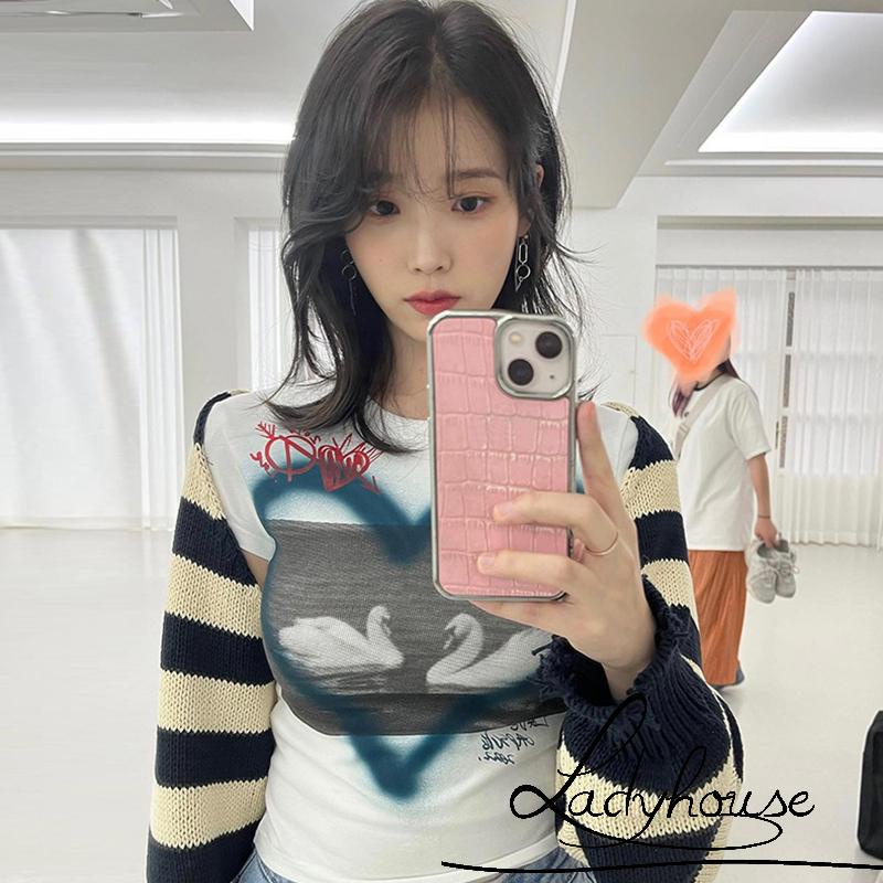 Áo Thun Crop Top Tay Ngắn Cổ Tròn In Hình Thiên Nga / Trái Tim Thời Trang Mùa Hè Cho Nữ